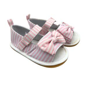 Baby Girls Sandals Fabric Bow Striped Hook & Loop Pink White 6-12 Months